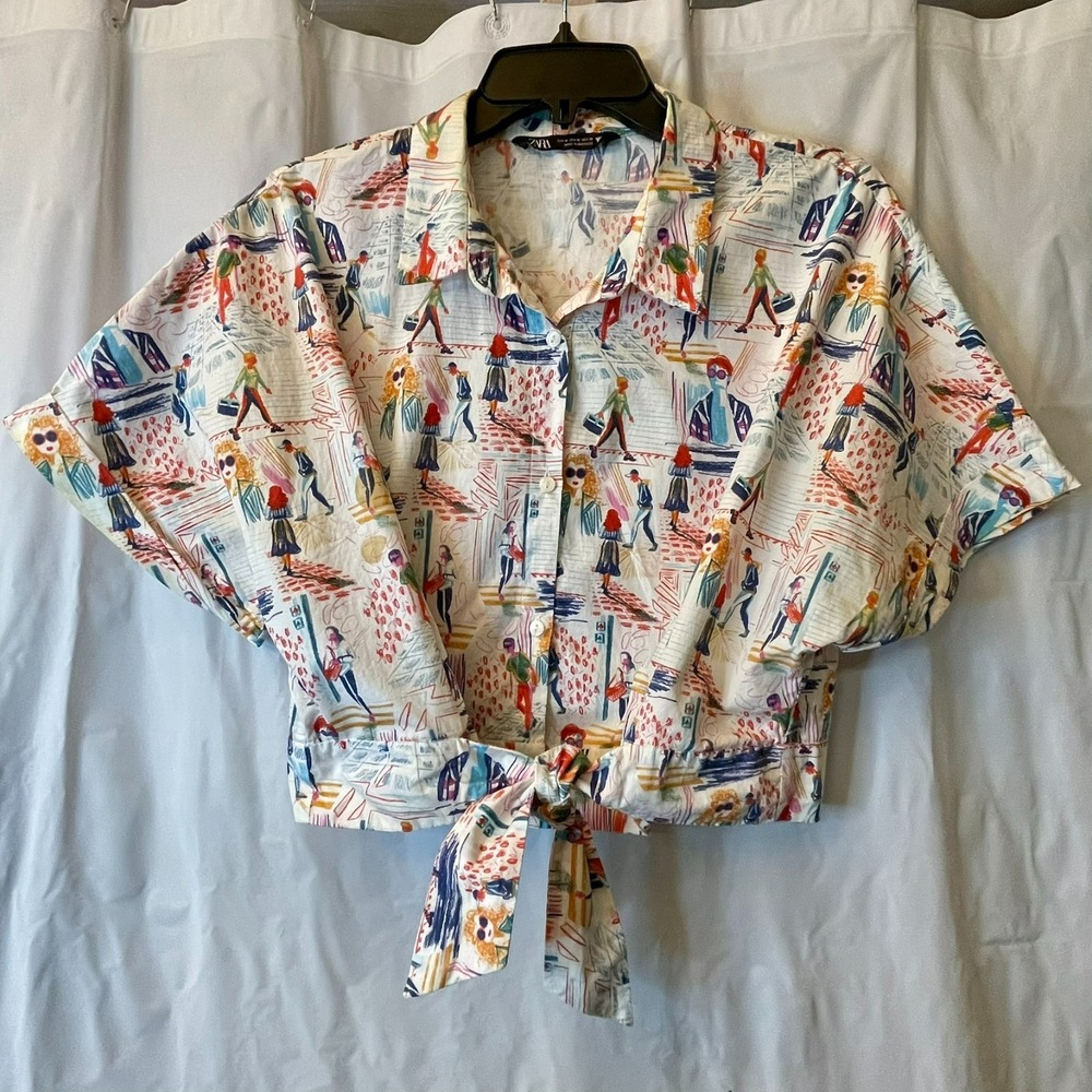 Zara Cropped Button Tie Knot Colorful People Artsy Novelty Print Women Top Sz M